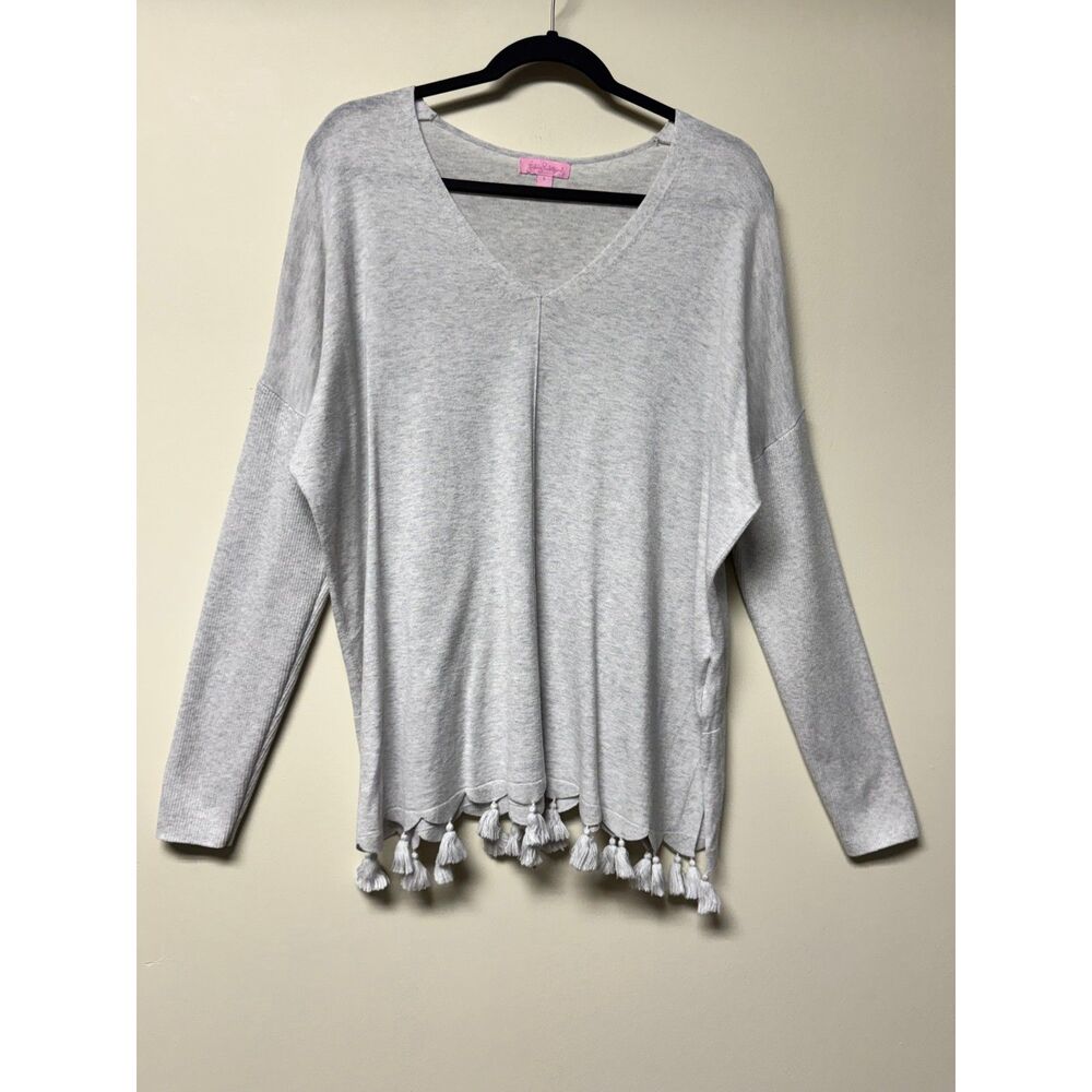 LILLY PULITZER Maritime V-Neck Sweater Tassel Hem Light Gray, Sz L